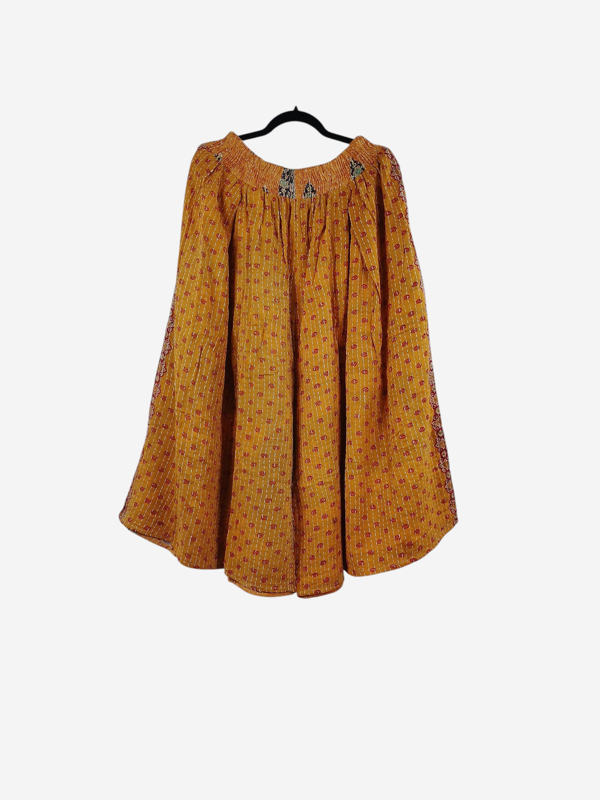 She Lives Beauty Pachuco Kantha capri pants in yellow vintage cotton with intricate stitching and pleated design.