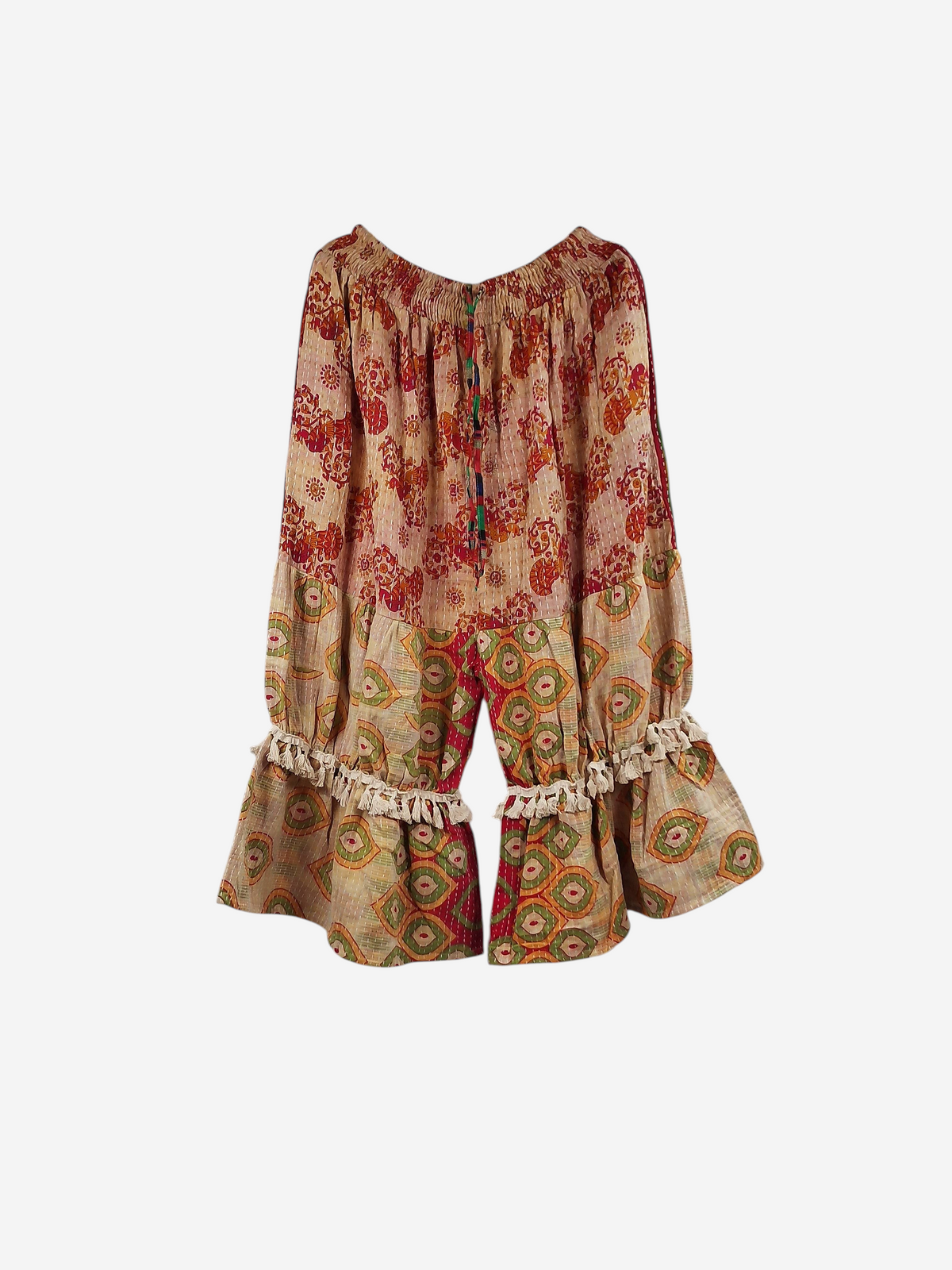 She Lives Beauty Heritage Whisper Kantha bloomers made from vintage cotton saris with floral prints and tassel trim.