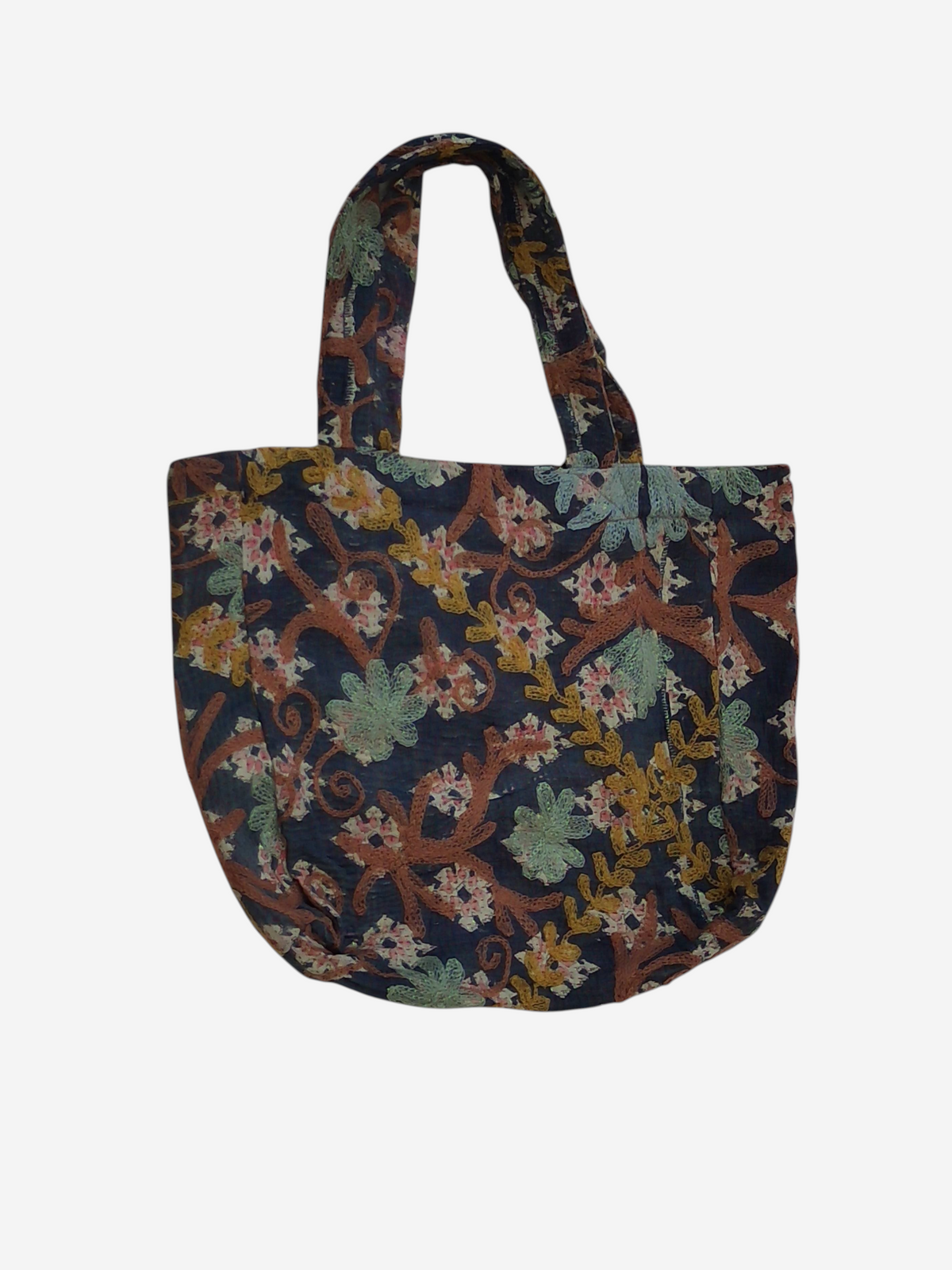 She Lives Beauty vintage Kantha and Suzani cotton tote bag with dark blue floral patchwork and intricate embroidery