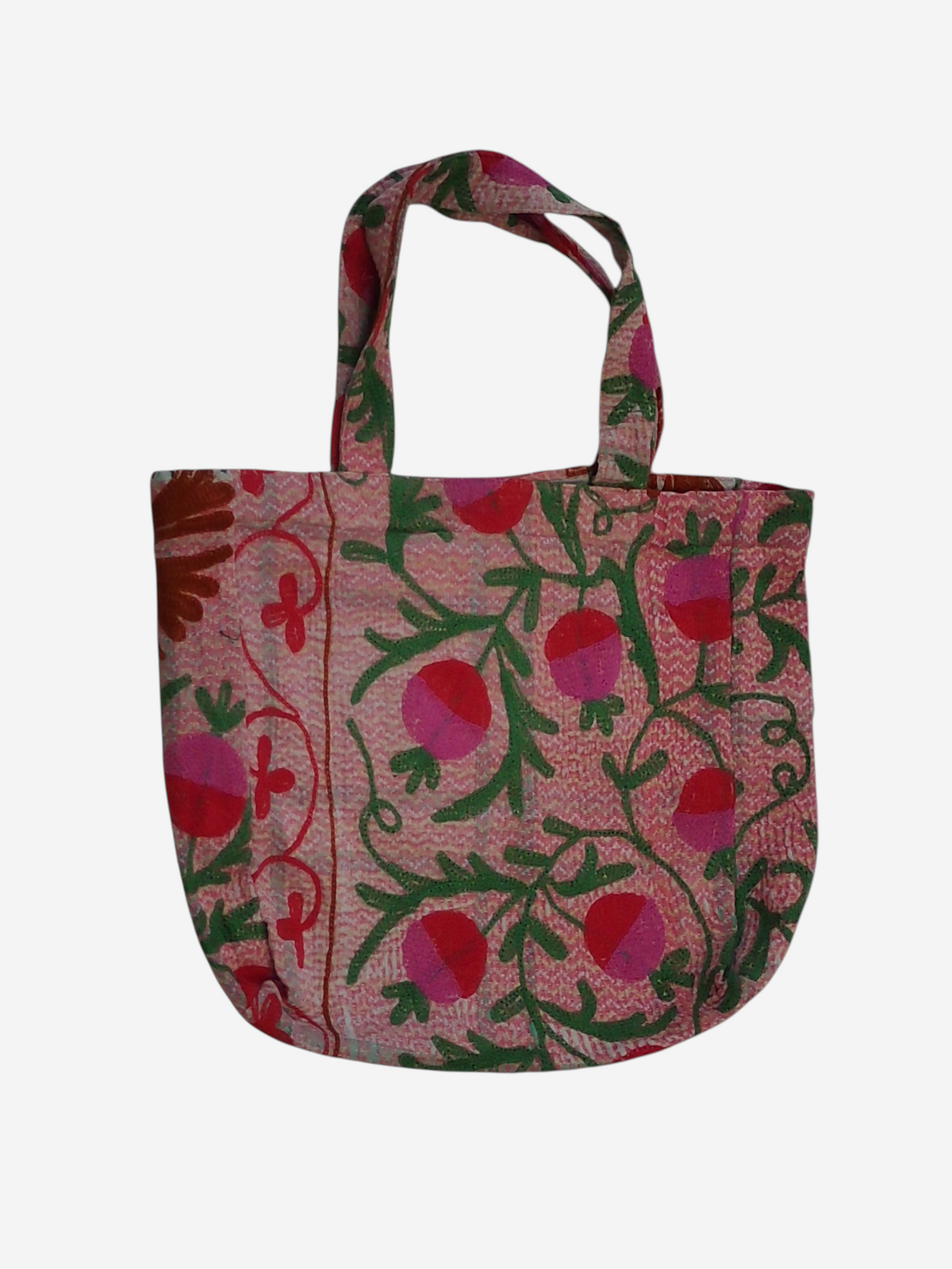 She Lives Beauty bohemian Kantha Suzani tote bag featuring pink and green floral embroidery on vintage cotton fabric.