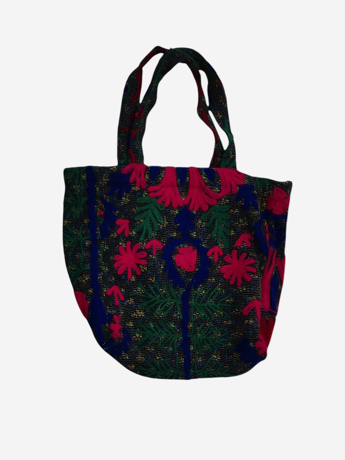 She Lives Beauty bohemian tote bag featuring vintage Kantha and Suzani patchwork with vibrant floral embroidery