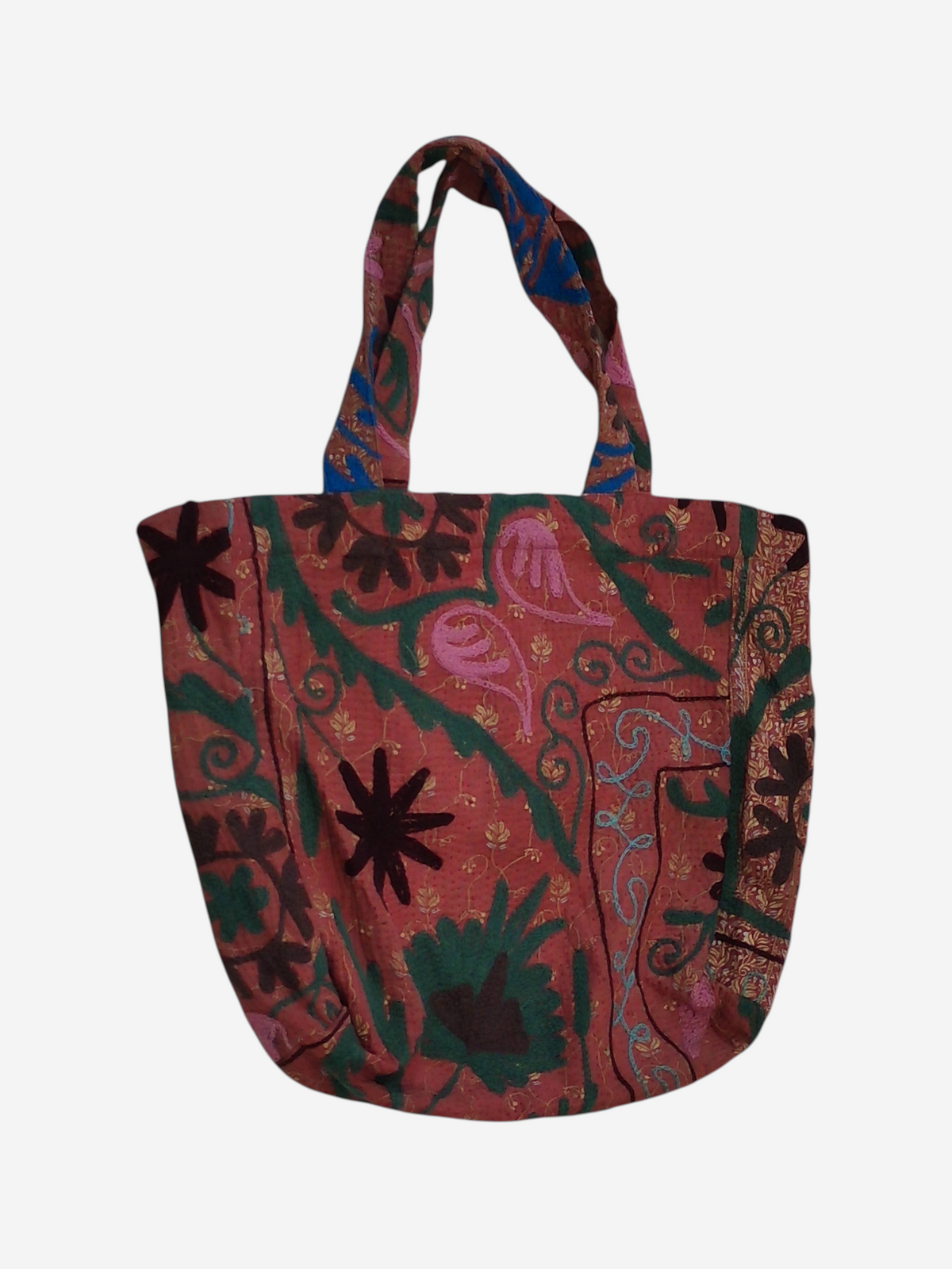She Lives Beauty vintage Kantha and Suzani patchwork tote bag in faded red cotton with intricate floral embroidery.