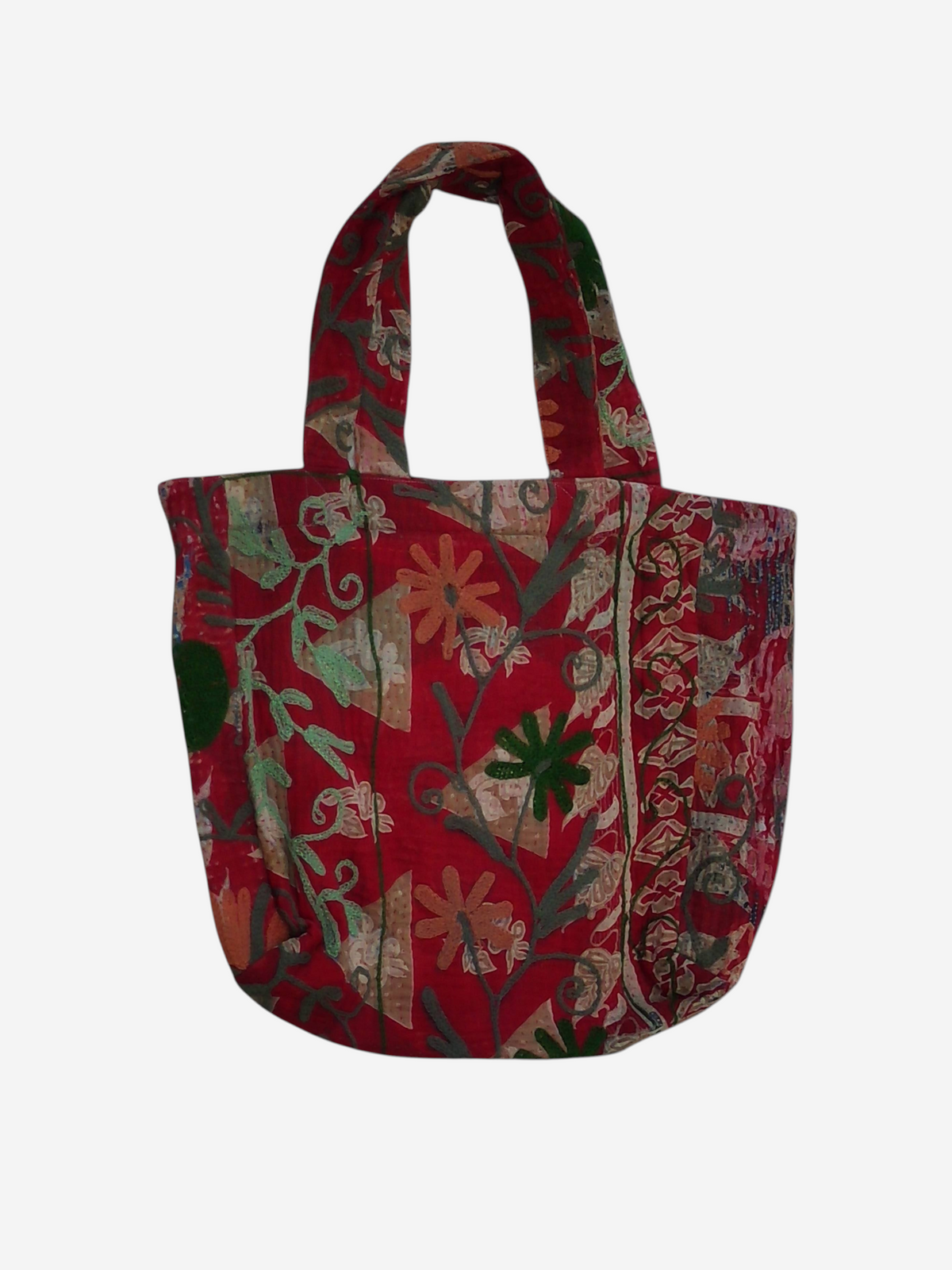 She Lives Beauty vintage Kantha and Suzani patchwork tote bag in red with intricate floral embroidery