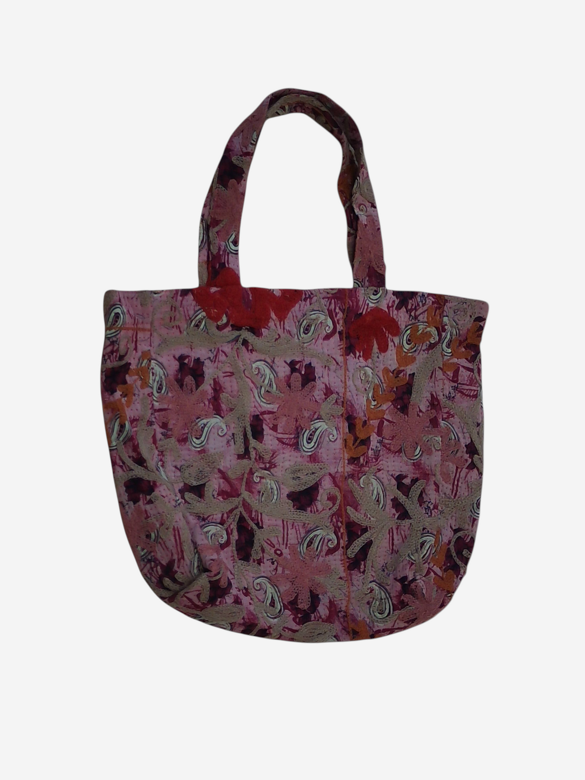 She Lives Beauty vintage Kantha Suzani tote bag in pink and red cotton with intricate bohemian patchwork embroidery
