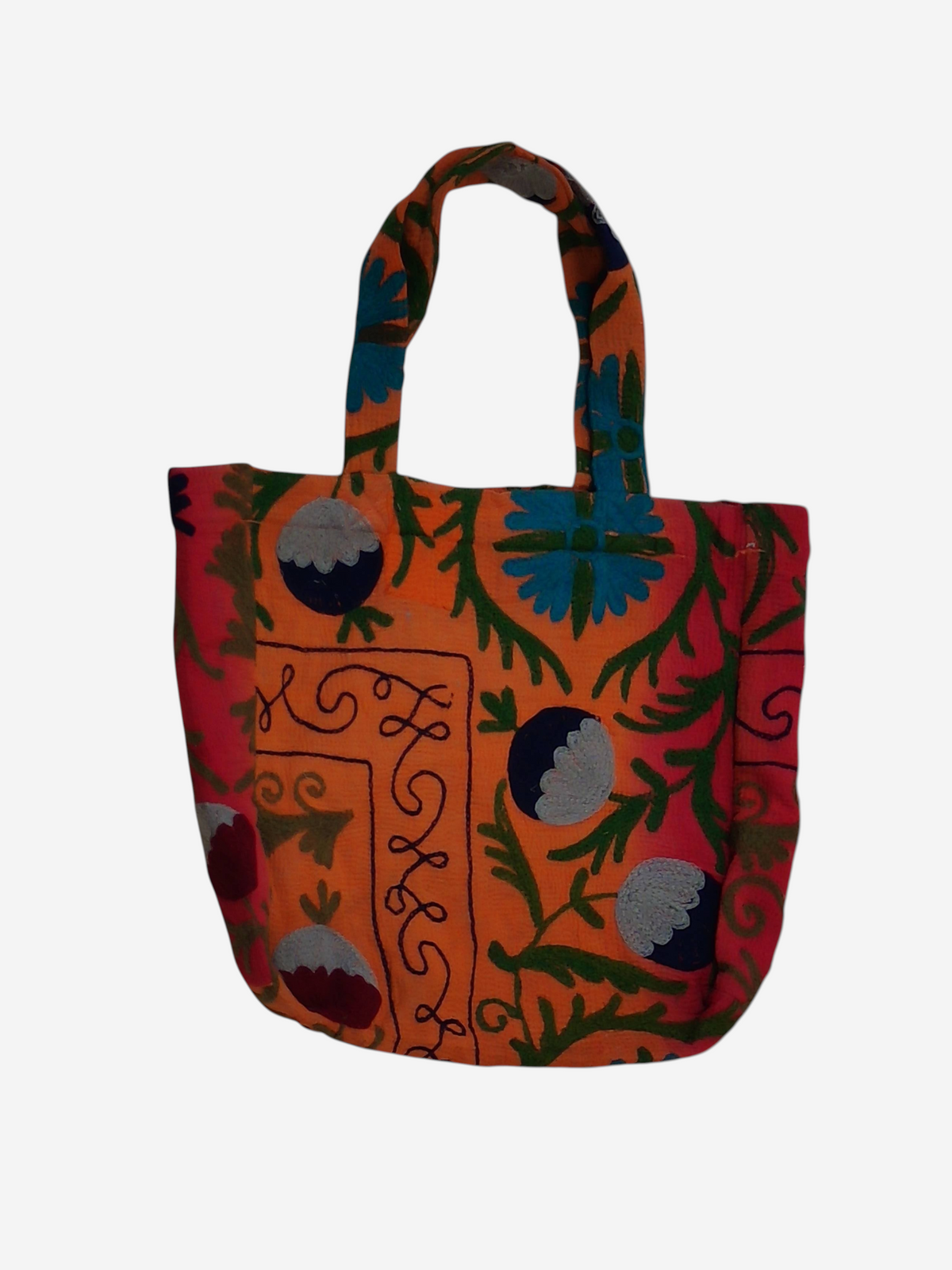 She Lives Beauty bohemian tote bag made from vintage orange Kantha and Suzani cotton patchwork with floral embroidery