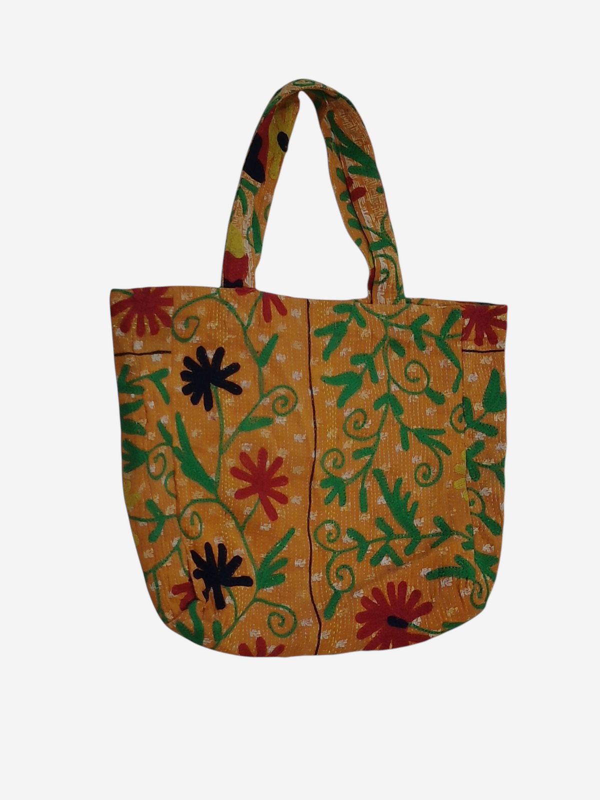 She Lives Beauty bohemian tote bag in yellow cotton with vintage Kantha patchwork and intricate floral embroidery