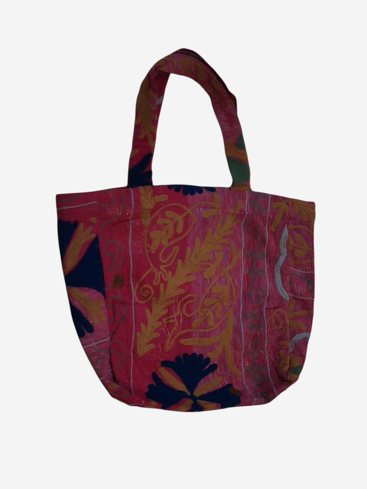 She Lives Beauty vintage Kantha and Suzani patchwork tote bag in vibrant pink with intricate floral embroidery