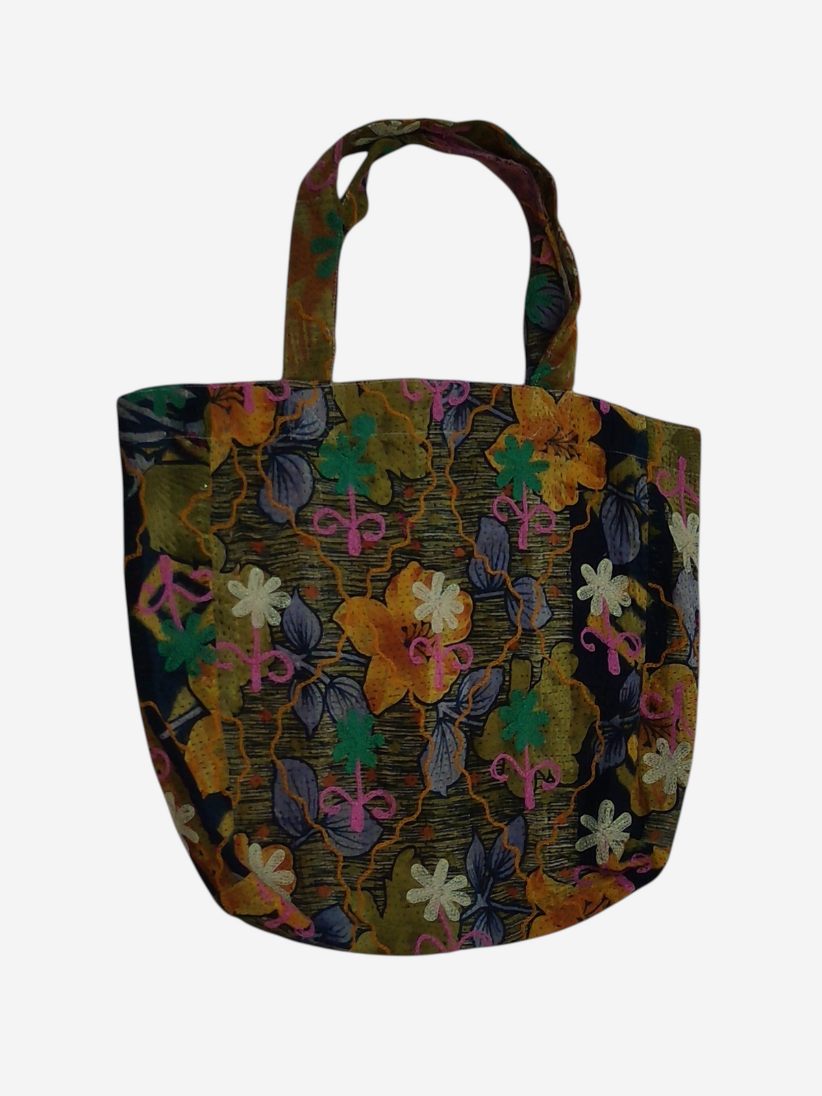 She Lives Beauty vintage Kantha and Suzani cotton tote bag with colorful floral embroidery and patchwork design