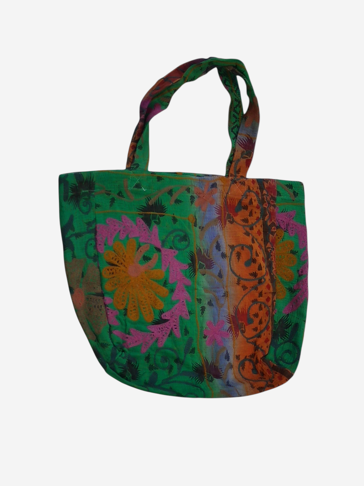 She Lives Beauty bohemian tote bag made from vintage green Kantha and Suzani embroidered cotton patchwork fabric