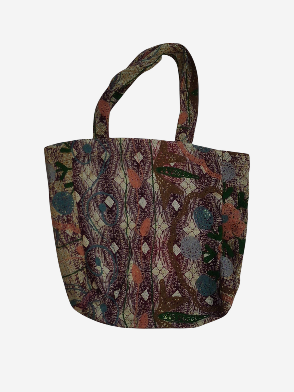 She Lives Beauty vintage Kantha and Suzani cotton tote bag with bohemian patchwork embroidery and faded floral motifs