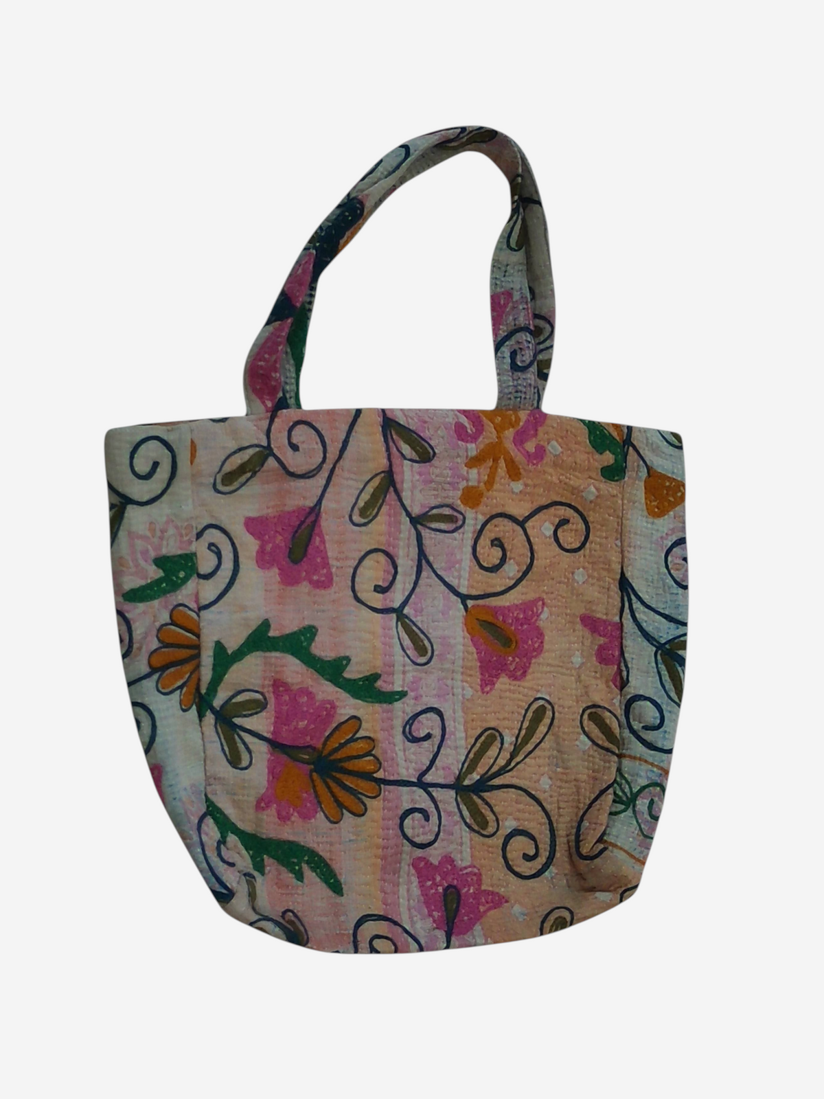 She Lives Beauty vintage Kantha and Suzani cotton tote bag with floral patchwork embroidery in soft pastel tones