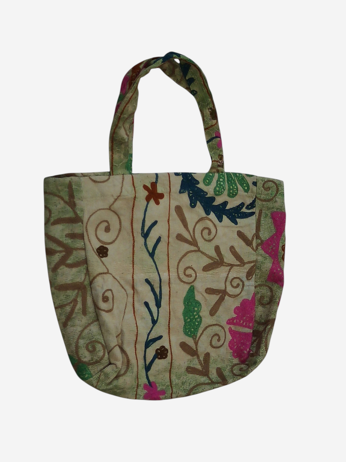 She Lives Beauty vintage Kantha and Suzani cotton tote bag with bohemian floral embroidery and patchwork design