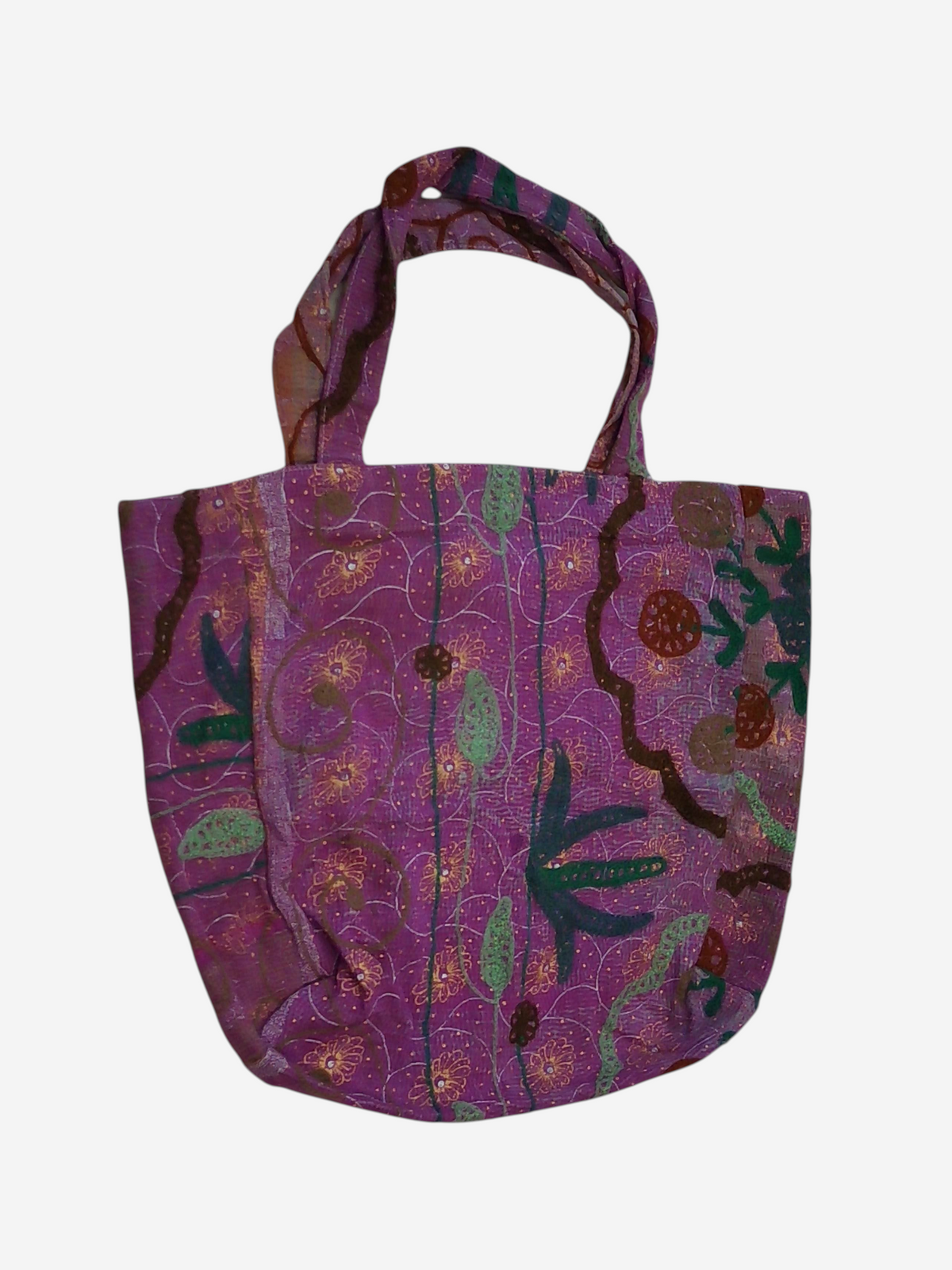 She Lives Beauty vintage Kantha and Suzani cotton tote bag in purple with intricate floral embroidery and patchwork