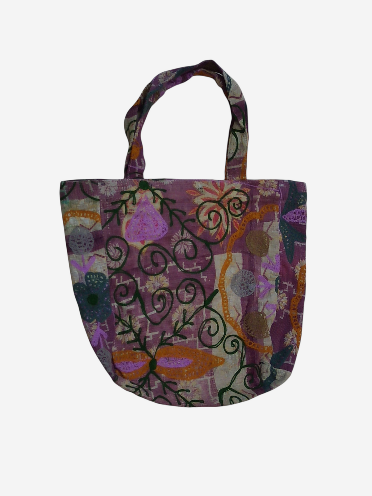 She Lives Beauty Soul Traveler Kantha Suzani bag featuring purple vintage patchwork cotton with intricate embroidery