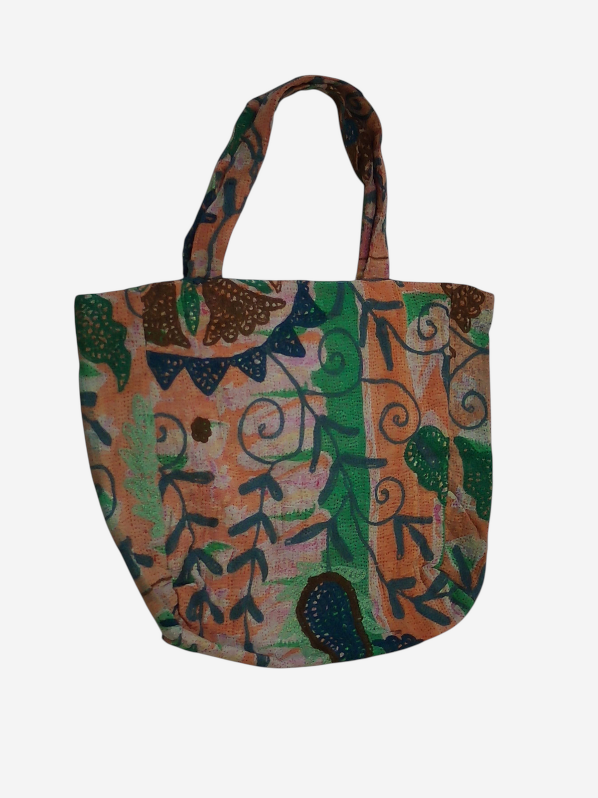 She Lives Beauty vintage Kantha and Suzani cotton tote bag with colorful patchwork embroidery and bohemian patterns.
