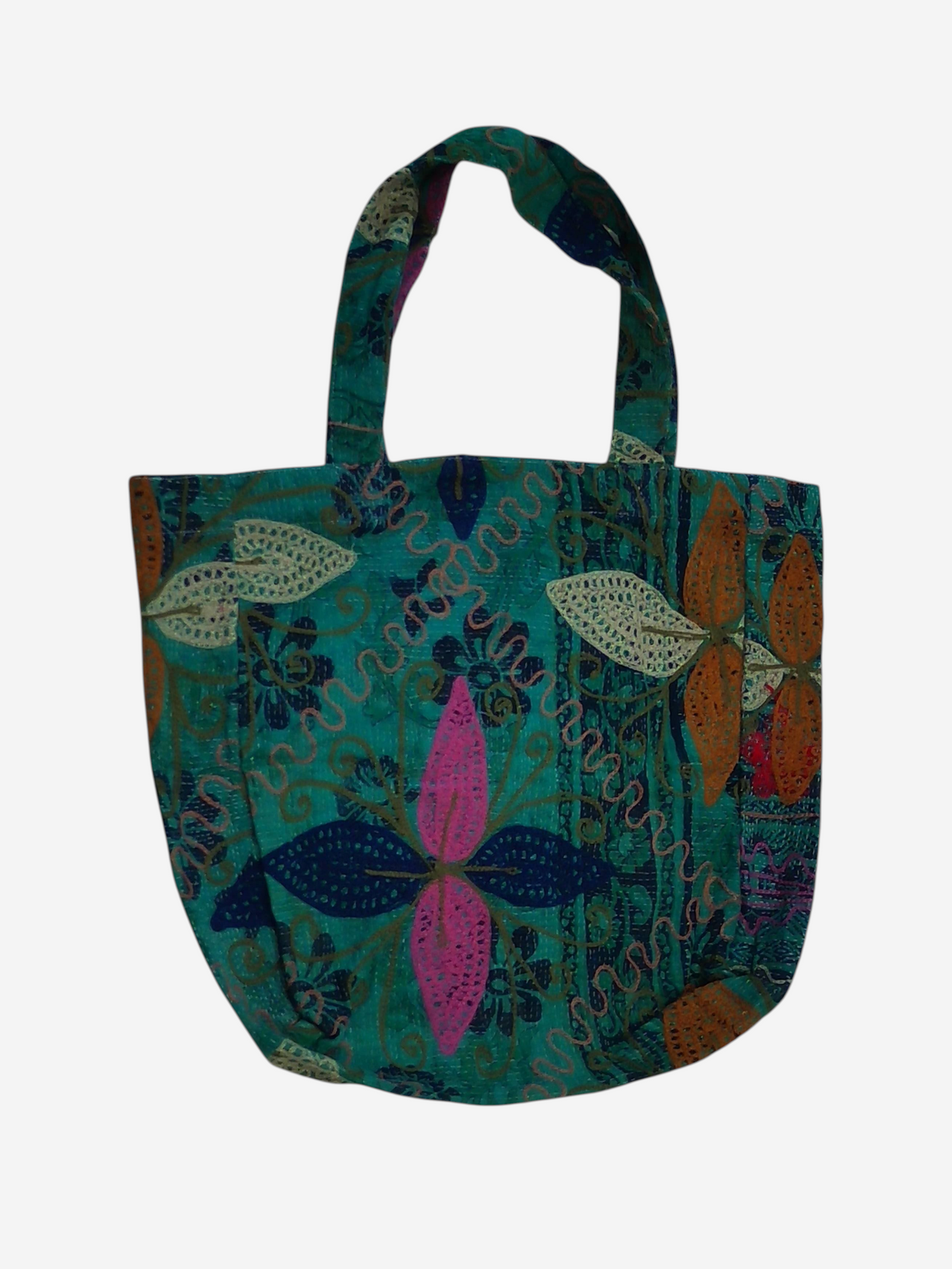 She Lives Beauty Soul Traveler Kantha Suzani bag in teal cotton with intricate floral embroidery and patchwork