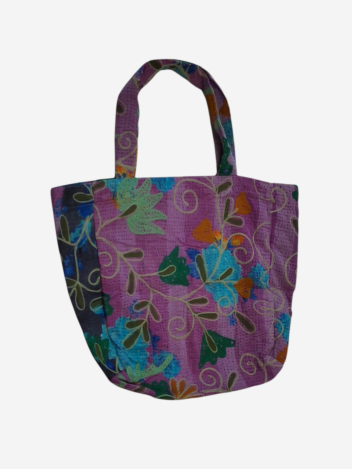 She Lives Beauty bohemian tote bag made from vintage purple Kantha and Suzani patchwork cotton textiles