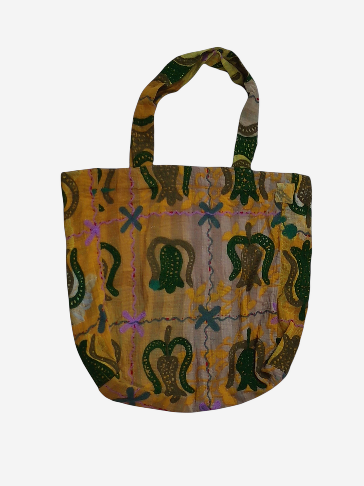 She Lives Beauty vintage Kantha and Suzani cotton tote bag in yellow and green with bohemian patchwork embroidery