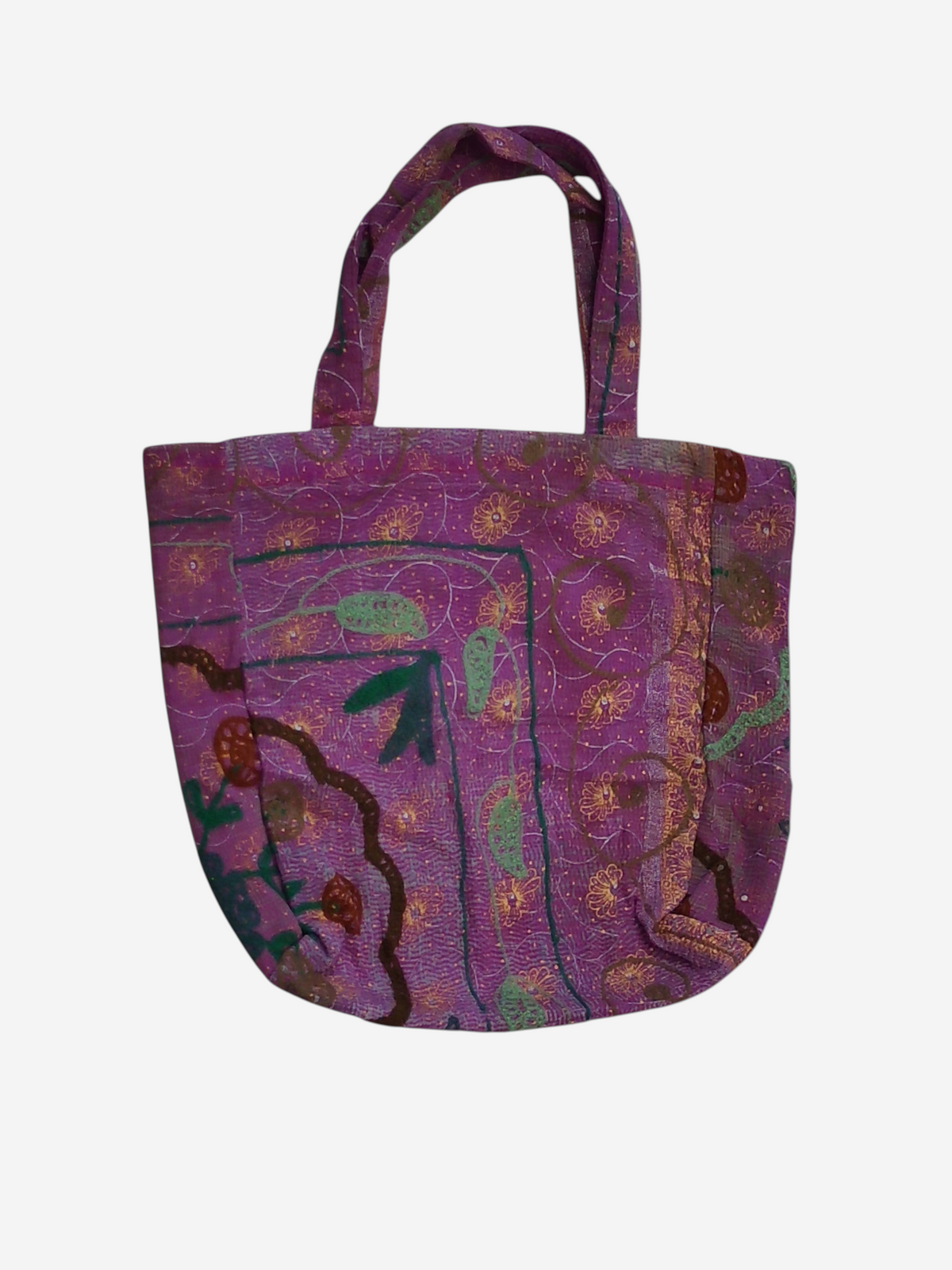 She Lives Beauty vintage purple Kantha and Suzani cotton tote bag with intricate floral embroidery and patchwork