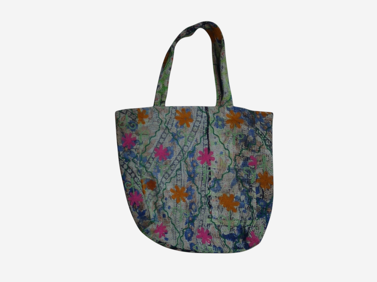 She Lives Beauty vintage Kantha and Suzani cotton tote bag with colorful floral embroidery and patchwork design.
