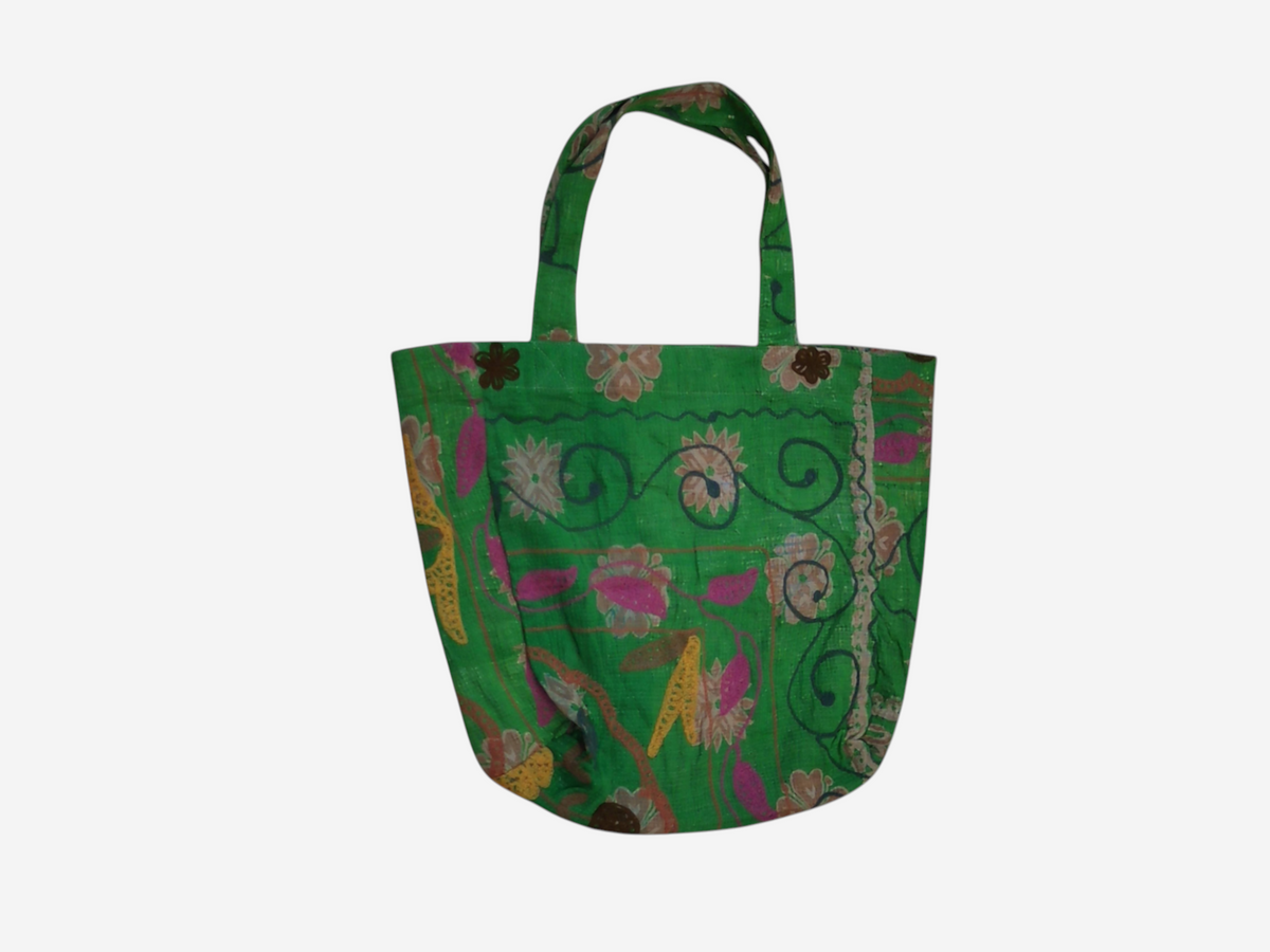 She Lives Beauty green vintage Kantha and Suzani cotton tote bag with floral embroidery and bohemian patchwork