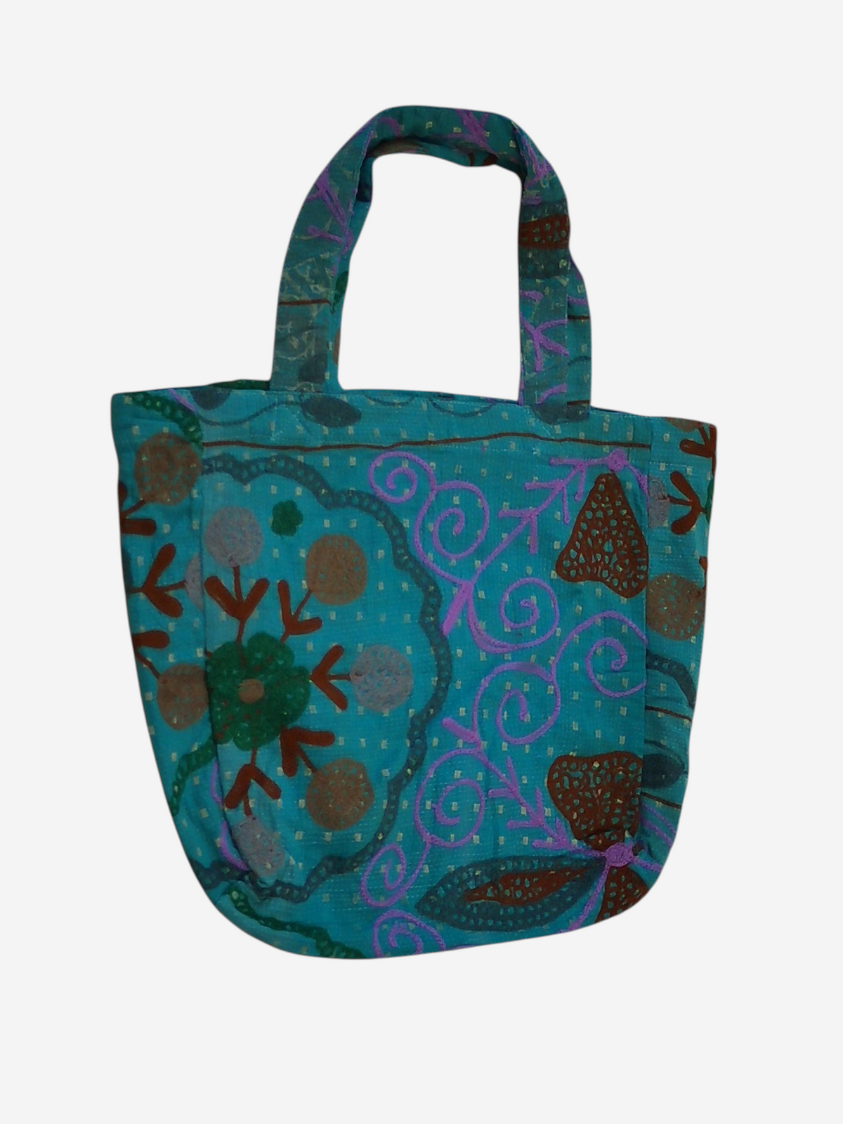 She Lives Beauty Soul Traveler Kantha Suzani bag featuring teal cotton patchwork with intricate floral embroidery.