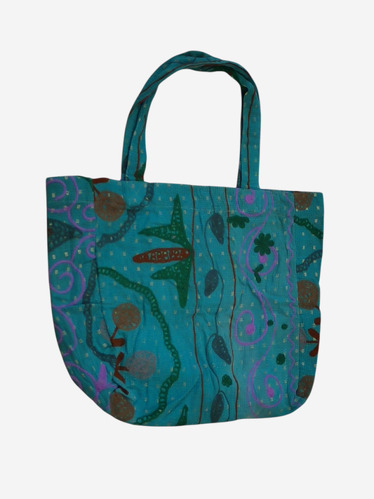 She Lives Beauty Soul Traveler Kantha Suzani bag in teal cotton with intricate bohemian embroidery and patchwork