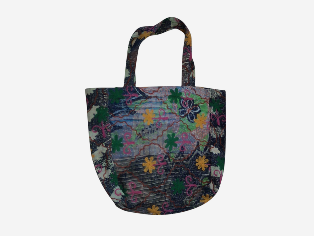 She Lives Beauty vintage Kantha and Suzani patchwork tote bag with colorful floral embroidery on cotton fabric