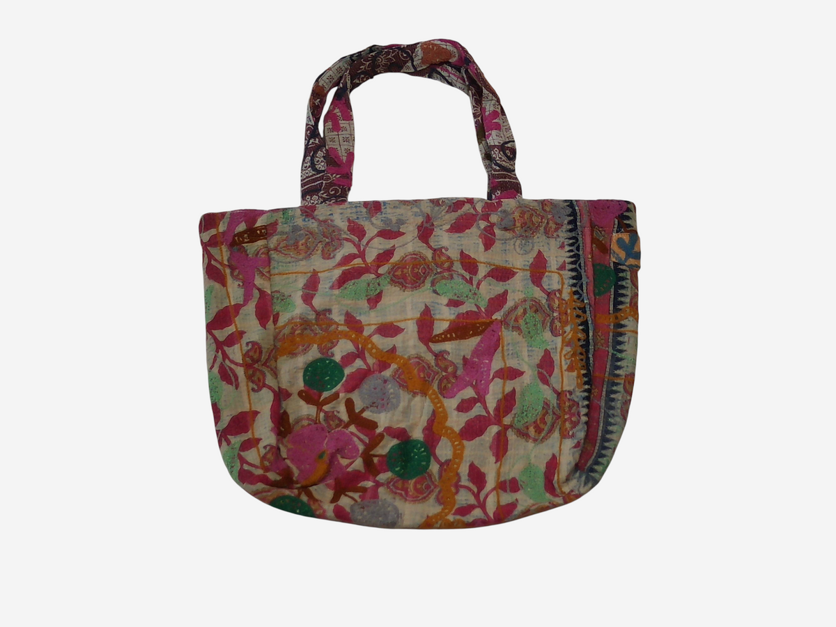 She Lives Beauty vintage Kantha and Suzani patchwork tote bag with colorful floral embroidery on cotton fabric