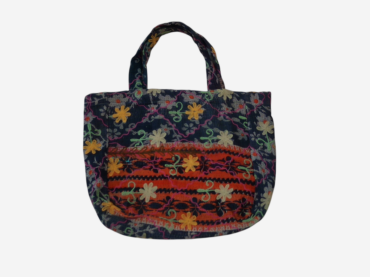 She Lives Beauty vintage Kantha and Suzani cotton tote bag with colorful floral embroidery and patchwork design
