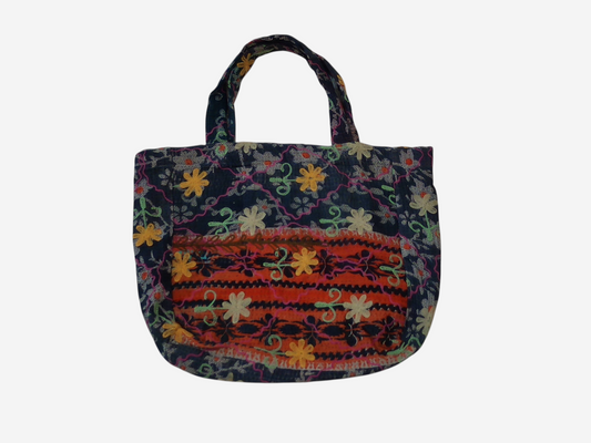 She Lives Beauty vintage Kantha and Suzani cotton tote bag with colorful floral embroidery and patchwork design