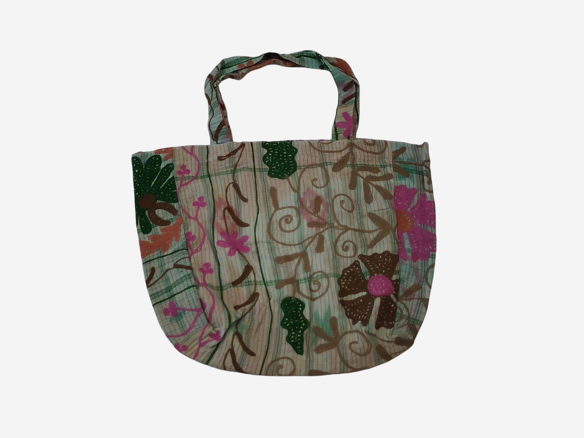 She Lives Beauty vintage Kantha and Suzani cotton tote bag with bohemian floral patchwork and intricate embroidery.