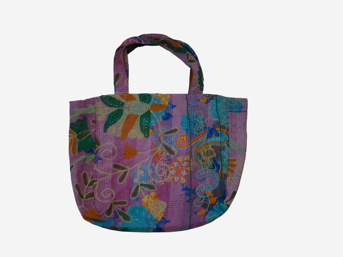 She Lives Beauty vintage Kantha and Suzani cotton tote bag in purple with colorful floral patchwork embroidery