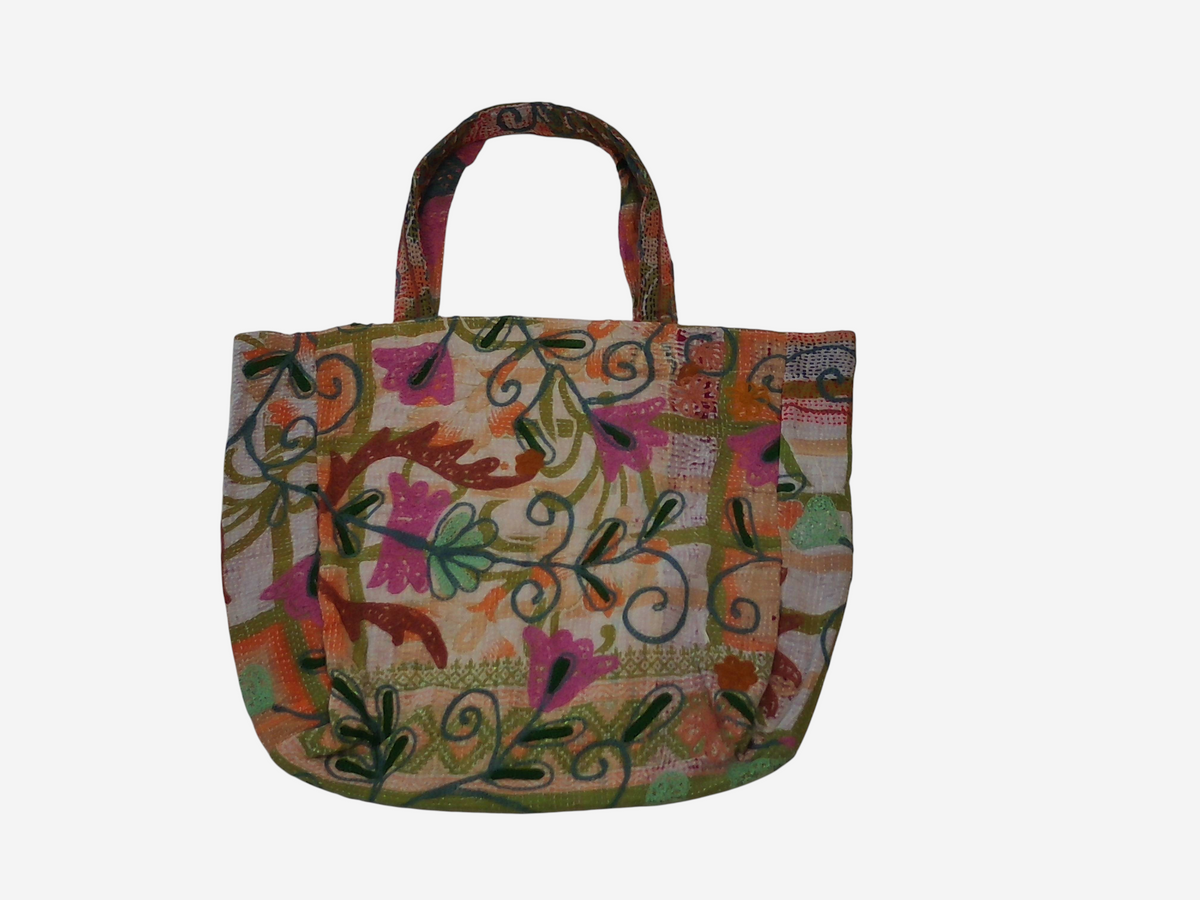 She Lives Beauty vintage Kantha and Suzani cotton tote bag with colorful floral embroidery and patchwork design