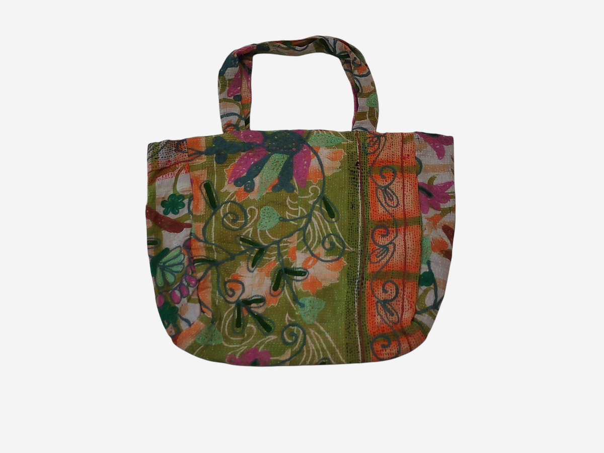 She Lives Beauty vintage Kantha and Suzani patchwork tote bag in green and orange cotton with intricate embroidery