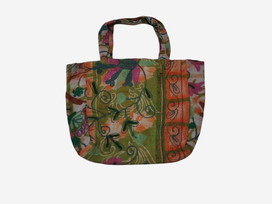 She Lives Beauty vintage Kantha and Suzani patchwork tote bag in green and orange cotton with intricate embroidery