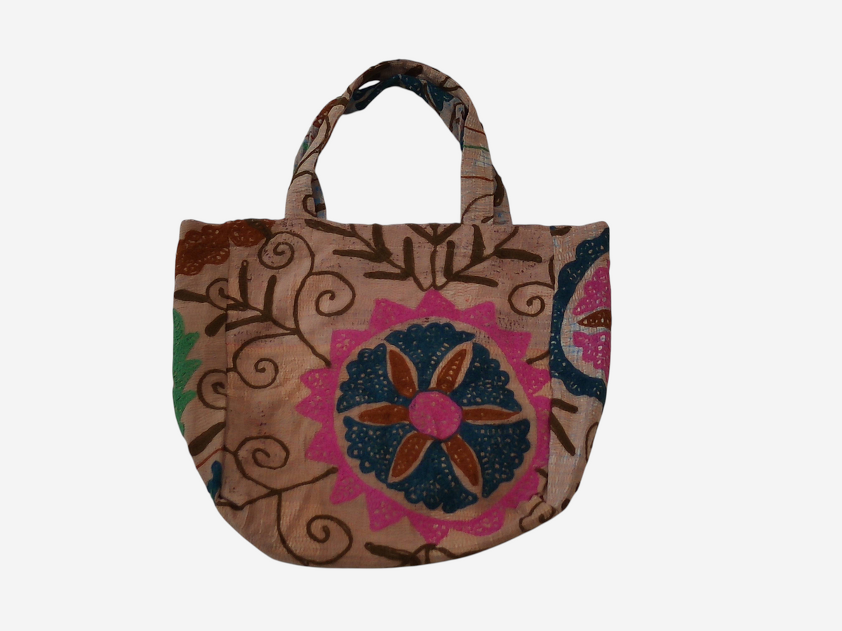 She Lives Beauty vintage Kantha and Suzani cotton tote bag with bohemian floral embroidery and patchwork design