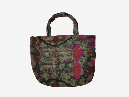 She Lives Beauty vintage Kantha and Suzani patchwork tote bag with intricate embroidery and faded floral patterns