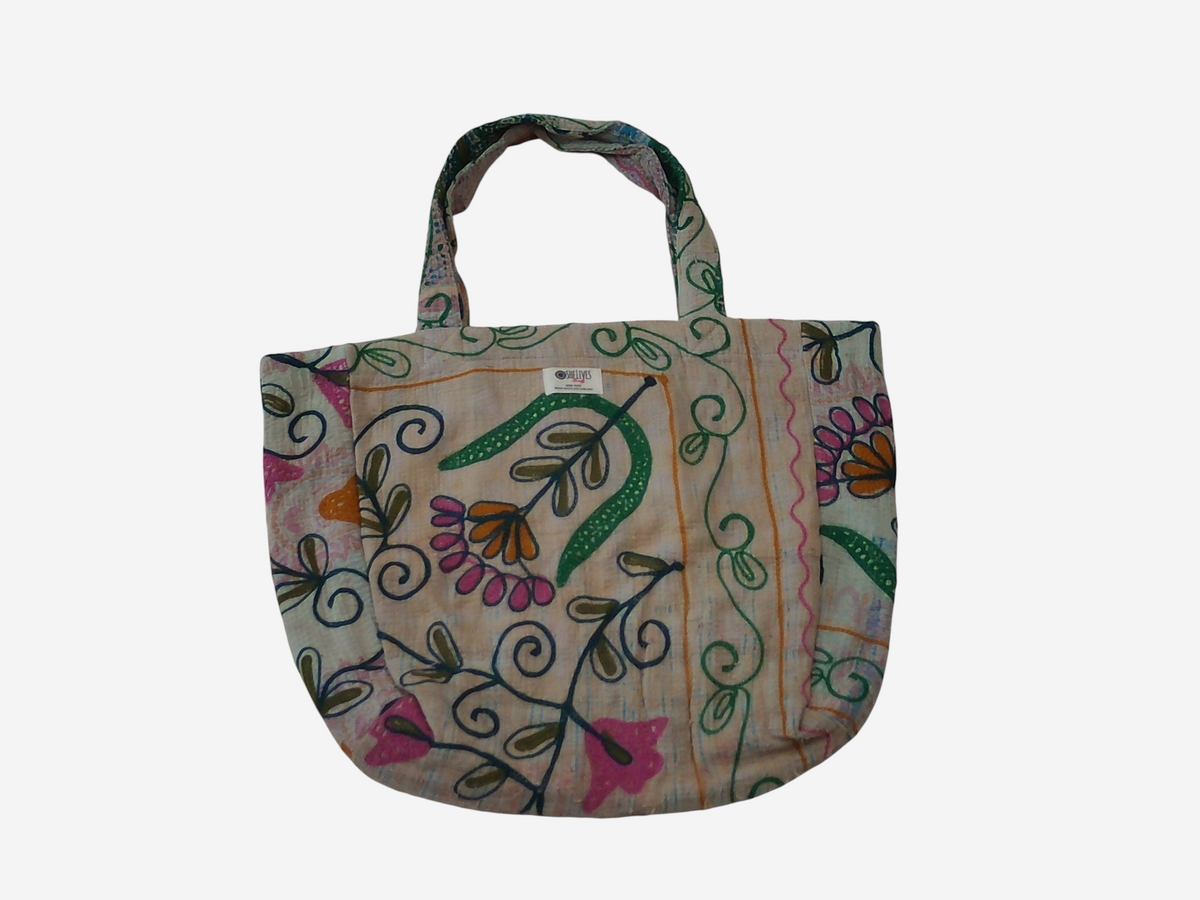 She Lives Beauty vintage Kantha and Suzani cotton tote bag with colorful floral embroidery and patchwork design