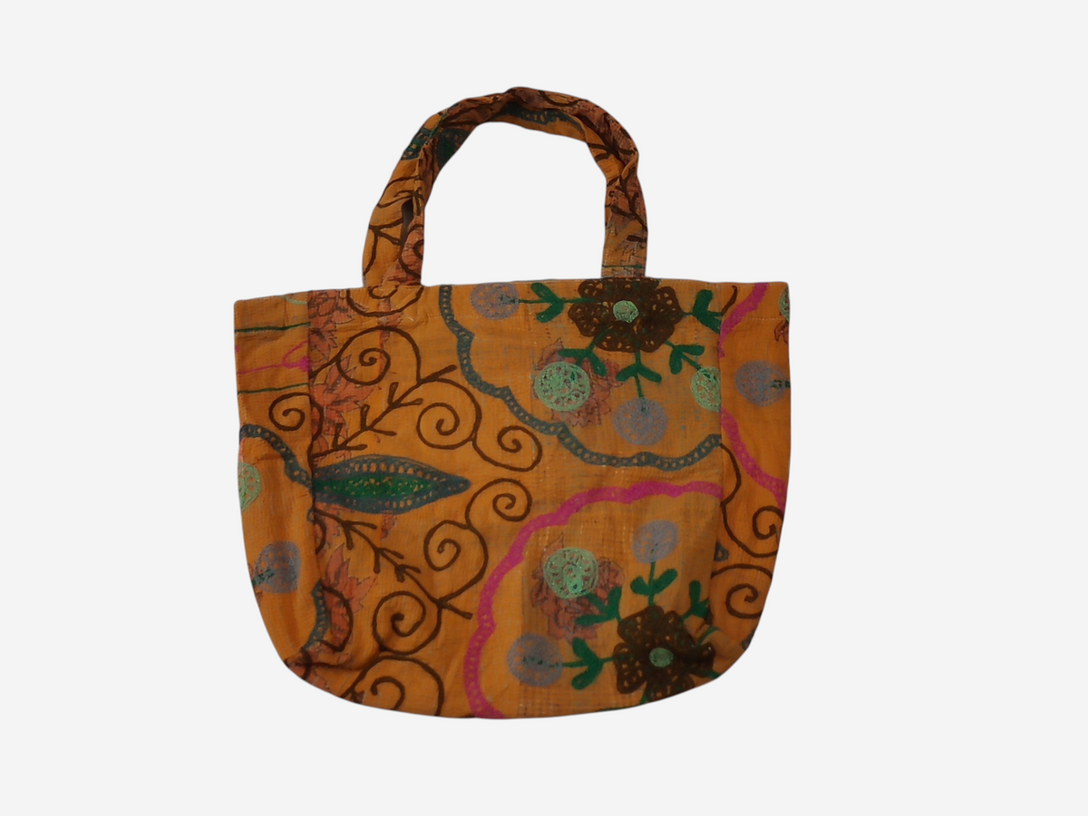 She Lives Beauty vintage Kantha and Suzani cotton tote bag featuring bohemian patchwork and intricate embroidery