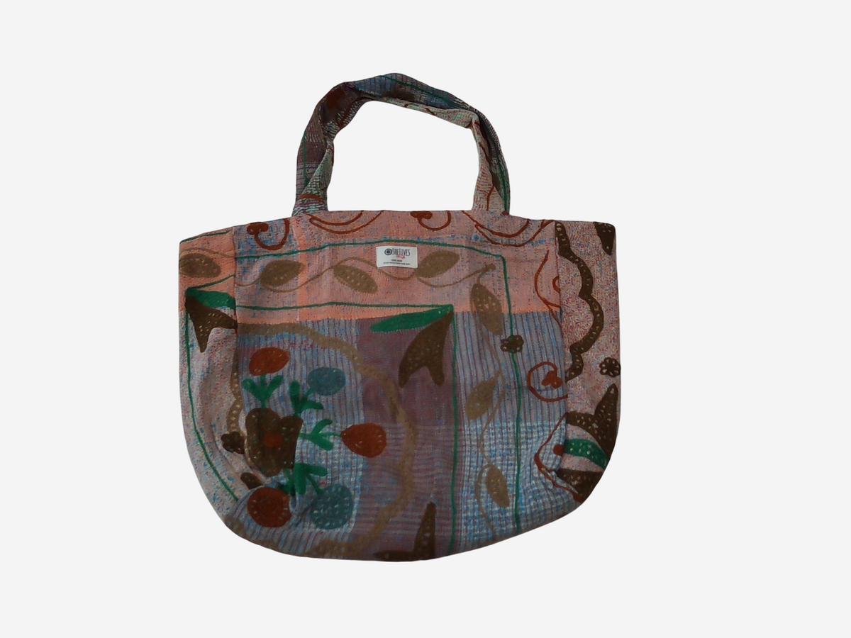 She Lives Beauty vintage Kantha and Suzani patchwork tote bag in faded floral cotton with bohemian embroidery