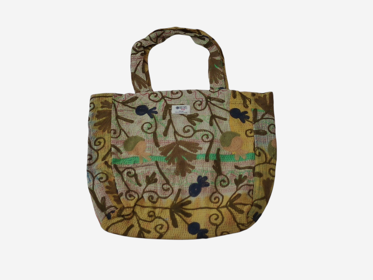 She Lives Beauty vintage Kantha and Suzani cotton tote bag with bohemian floral embroidery and patchwork design.