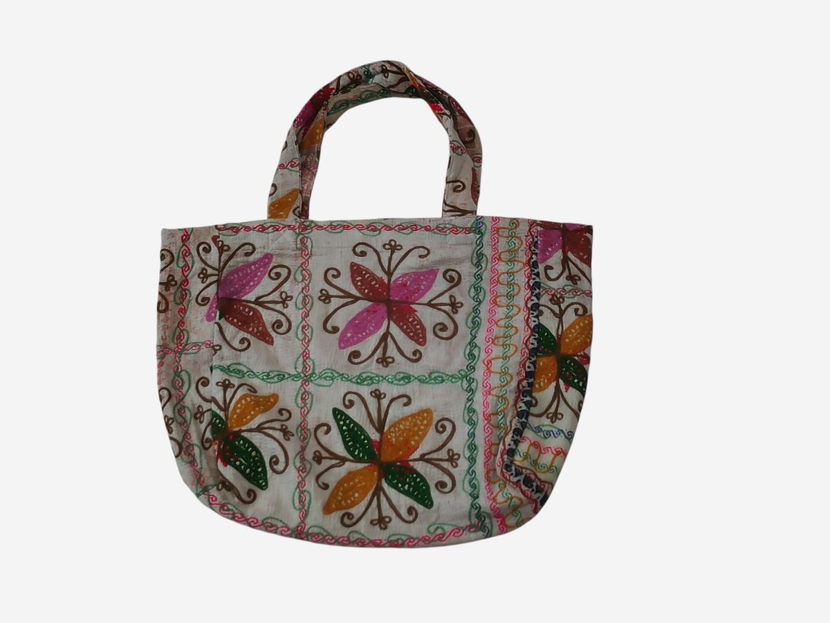 She Lives Beauty vintage Kantha and Suzani cotton tote bag with colorful floral embroidery and patchwork design