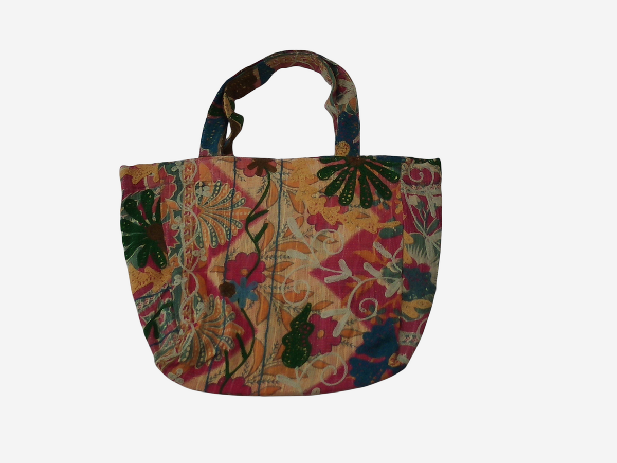 She Lives Beauty vintage Kantha and Suzani patchwork tote bag with colorful floral embroidery on cotton fabric