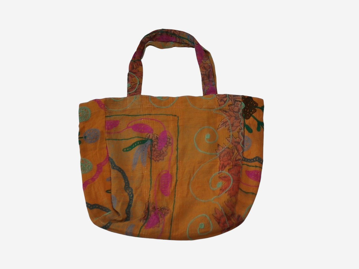 She Lives Beauty vintage Kantha and Suzani cotton tote bag in mustard yellow with colorful floral embroidery