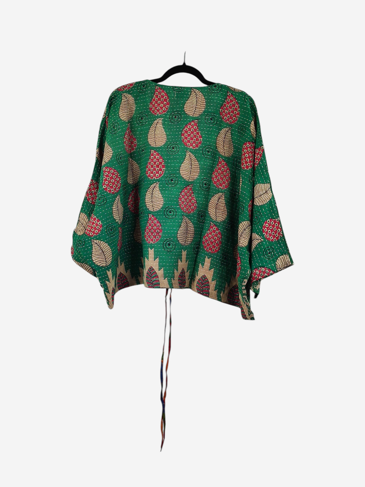 She Lives Beauty Sunrise Hana butterfly top in green vintage cotton with red and beige leaf print and kantha stitching.