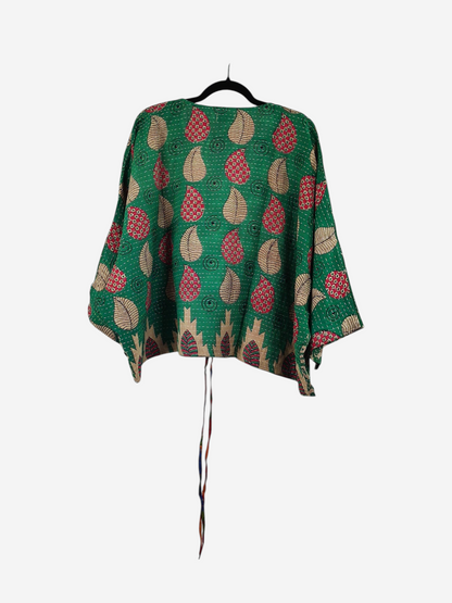 She Lives Beauty Sunrise Hana butterfly top in green vintage cotton with red and beige leaf print and kantha stitching.