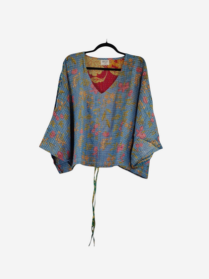 She Lives Beauty Sunrise Hana butterfly top in blue vintage kantha cotton with floral patterns and hand-stitched detail.