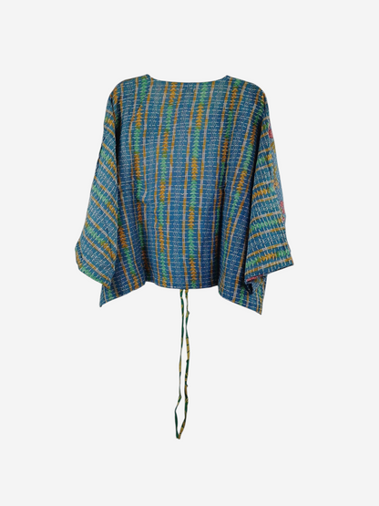 She Lives Beauty Sunrise Hana butterfly top in blue vintage cotton with yellow and green kantha stitching details.