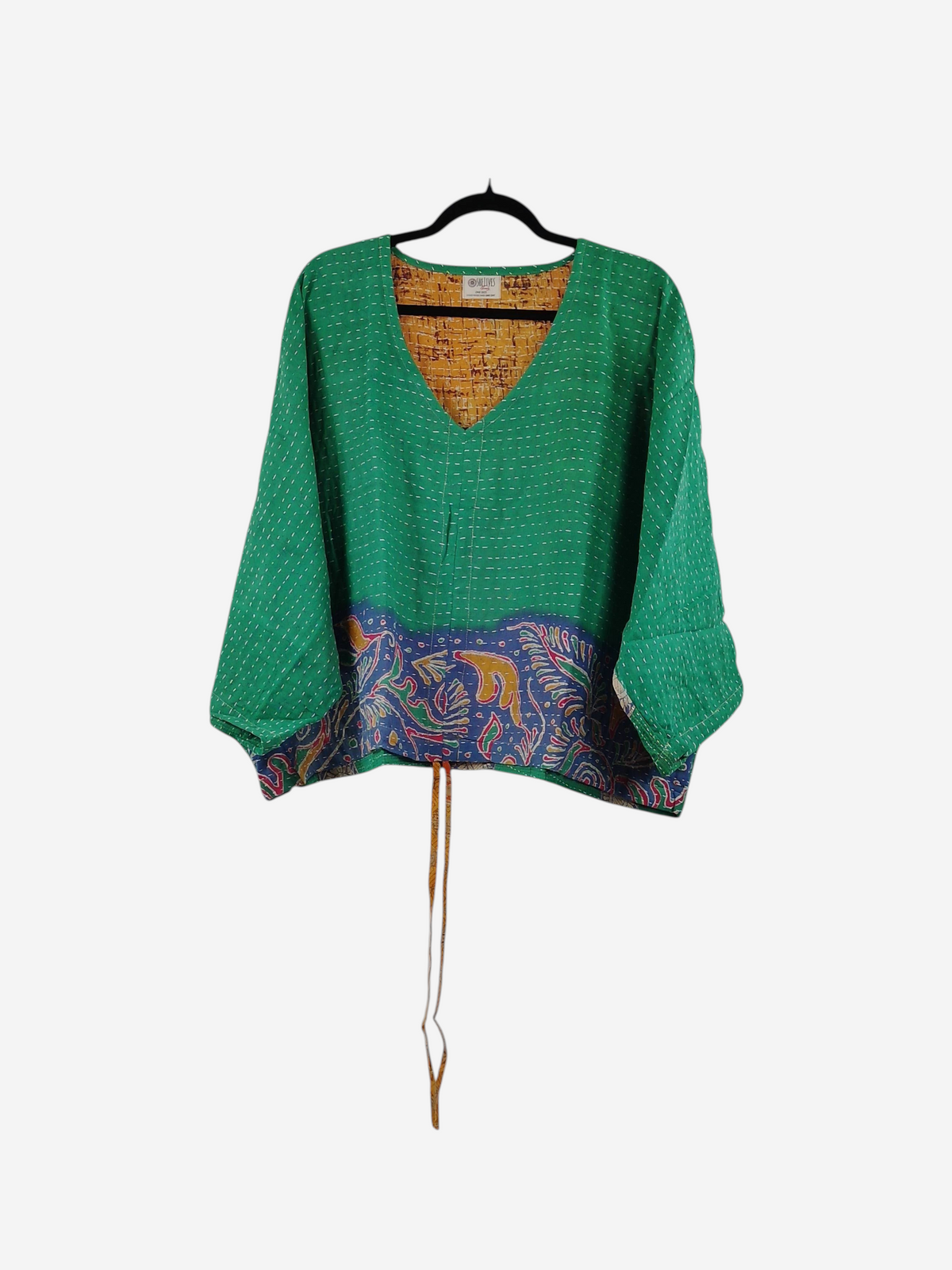 She Lives Beauty Sunrise Hana butterfly top in green vintage kantha cotton with a patterned hem and tie-front detail.